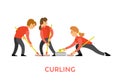 Curling Sports Game, Teamwork Man and Woman Vector