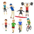 People playing different sports golf surfboard jump rope runner barbell bicycle on white
