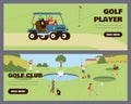 People playing golf on lawn with fountain, driving cart with golf club equipment, sport vector advertising flyers set Royalty Free Stock Photo