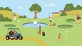 People playing golf on the lawn with fountain, driving cart with golf equipment, club bag, sport vector illustration Royalty Free Stock Photo