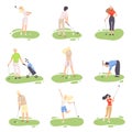 People Playing Golf Set, amdn and Woman Golfer Players Training with Golf Clubs on Course, Outdoor Sport or Hobby Vector