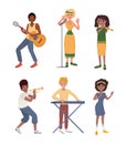 People playing musical instruments set. Afro-american, Europeans men, woman musicians playing musical instruments. Singer Royalty Free Stock Photo