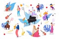 People playing on musical instruments, vector illustration. Man woman character musician with piano, guitar, saxophone