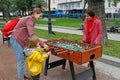 People playing table football at festival `Moscow autumn` on Tverskoy Boulevard in Moscow