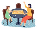 People playing in table game with cards, labyrinth, mother and daughter play together at home Royalty Free Stock Photo