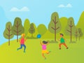 Girls and Boy Playing Volleyball in Forest Vector Royalty Free Stock Photo