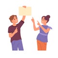 People pointing to empty banner, male and female characters presenting. Cartoon man and woman showing, pointing and introducing Royalty Free Stock Photo