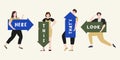 People pointing up, down, left, right and holding big direction arrow with text space vector illustration. Male and female do Royalty Free Stock Photo