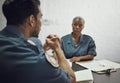 People, police and team in meeting for crime report, documents or case discussion at the precinct. Man and woman, law Royalty Free Stock Photo