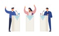 People politicians standing on tribunes with raising hands vector isometric illustration. Man and woman at political