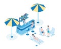 People in pool bar isometric vector illustration. Barkeeper, women in bikini and men in summer clothes 3D cartoon