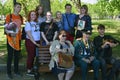 People pose for photos on Victory day. Gorky park in Moscow