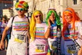 People posing for photos during The Color Run in Trieste, Italy.