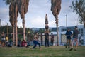 People Practice Acro Yoga, slackline, Spirits, Juggling, Outdoors in the park. Healthy Lifestyle, Tel Aviv, Israel