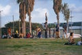 People Practice Acro Yoga, slackline, Spirits, Juggling, Outdoors in the park. Healthy Lifestyle, Tel Aviv, Israel
