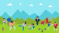 People practice martial arts karate aikido with teacher master old man outdoors in the park vector illustration. A group