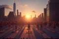 People practice yoga against the background of a cityscape at sunset. AI-generated.