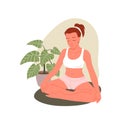People practice yoga asana at home, young woman sitting in lotus position, padmasana Royalty Free Stock Photo