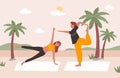 People practice yoga on beach vector illustration, cartoon happy young family or couple characters doing yoga exercises