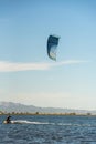 People practicing kite Surfing in Platja del Trabucador in the Delta del Ebro, Tarragona, Spain in summer 2020