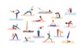 People practicing yoga position set vector flat illustration. Colored cartoon man and woman doing Asana exercise