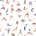 People practicing yoga vector seamless pattern. Yogis, athletes, men and women doing exercises texture. Sportsmen in