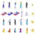 People pray icons set isometric vector. Muslim carpet