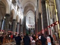 People praying during mass in the Interior of the Cathedral of Lille or Notre Dame de la Treille Cathedral Royalty Free Stock Photo