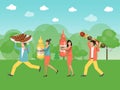 People preparing barbecue. BBQ party concept. People grilling meat on backyard vector illustration. Tiny people carrying