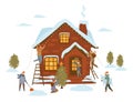 People preparing for christmas celebration, decorating house, trees, entrance door, yard with stars xmas lights garlands