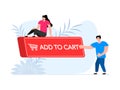 People press button with text add to cart. Click button for app and web design. Shopping cart.