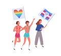 People on pride parade holding rainbow and transgender flags isolated on white background. Lgbtq activists in funny