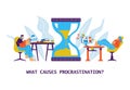 People procrastinate and resting while time in hourglasses is running out, flat vector illustration on white background.