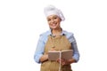 People, profession and job concept - happy smiling waitress or pastry chef in apron with notepad over white background