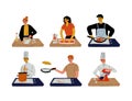 People and professional chefs cooking in kitchen set. Men and women preparing tasty dishes cartoon vector illustration