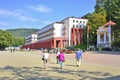 Krynica-Zdroj, Poland - September 23, 2020: People on the promenade and new spa house Nowy Dom Zdrojowy