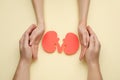 People protecting paper cutout of kidneys on beige background, top view