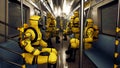 People in protective chemical clothing ride on a train during the pandemic. The concept of a post-apocalyptic world