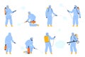 People protective overalls disinfectant spraying poison from pests set vector flat illustration