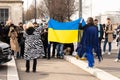 Milan, 24 Feb 2022. People protest against russian and Putin aggrression to Ukraine. Two women hold ukranian flag