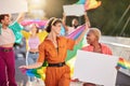 People, protest and march for LGBTQ with pride for gay, lesbian or bisexual sexuality together in the city. Happy group Royalty Free Stock Photo