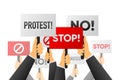 People protest. Unemployed people holding protest signs. People with posters protest. Vector illustration.