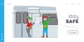 People in Public Transport during Coronavirus Landing Page Template. Characters in Medical Masks in Underground Metro