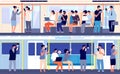 People in public transport. Crowd in train, person using gadgets in subway bus. City transportation, no utter social