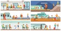 People in public transport set, passengers of the underground, airplane, cruise ship vector Illustrations Royalty Free Stock Photo