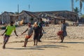 People pull a rope to fish at the coastline from Morondava Royalty Free Stock Photo