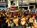 People pulling the chariot in Bisket Jatra