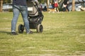 People are pushing the baby carriage and walking on the grassland of a park. Royalty Free Stock Photo