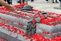 People put poppy flowers on Tomb of the Unknown Soldier in Ottawa, Canada on Remembrance Day.