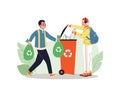 People put sorted garbage in recycling bin, flat vector illustration isolated.